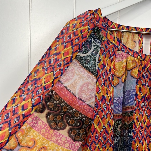 New Directions Womens Top S Orange Yellow Stretch Waist Pullover Flowy Boho Cute - Picture 4 of 13